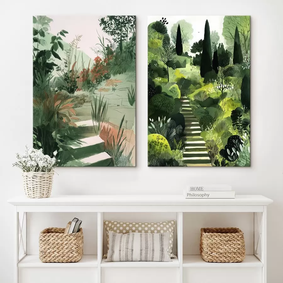  Peintures Jardin oriental verdoyant avec des buissons et des arbres m00478