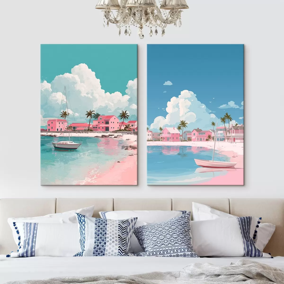  Peintures Plage d'été rose avec soleil, voilier et maisons m00479