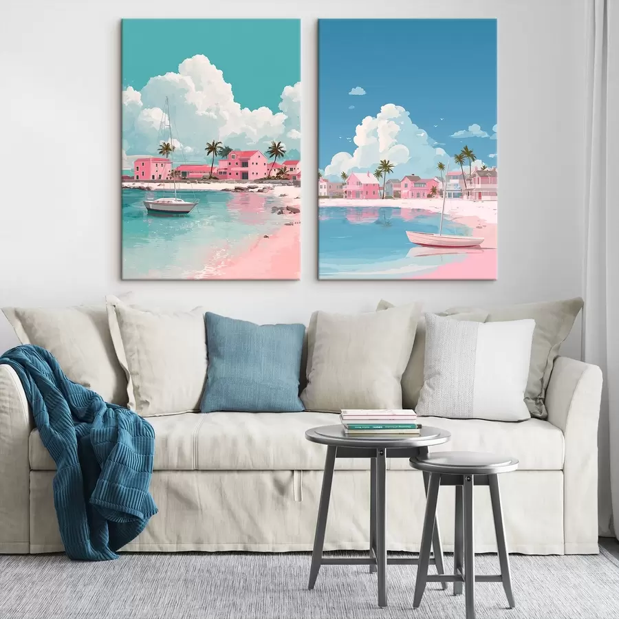  Peintures Plage d'été rose avec soleil, voilier et maisons m00479