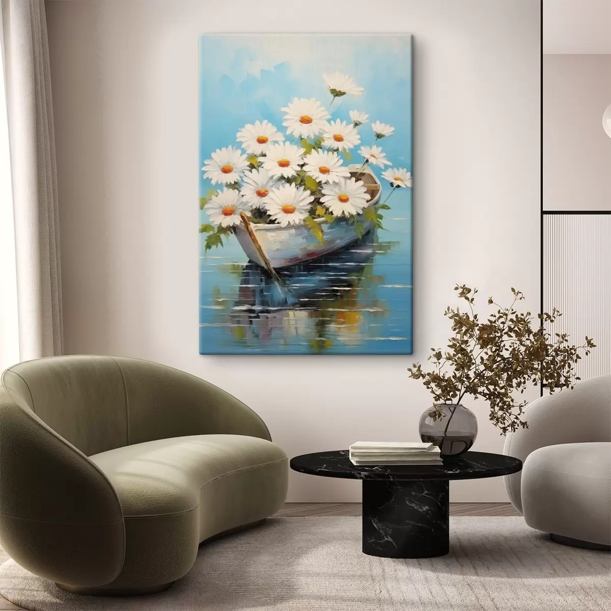  Peintures Marguerites dans un bateau sur l'eau s44987