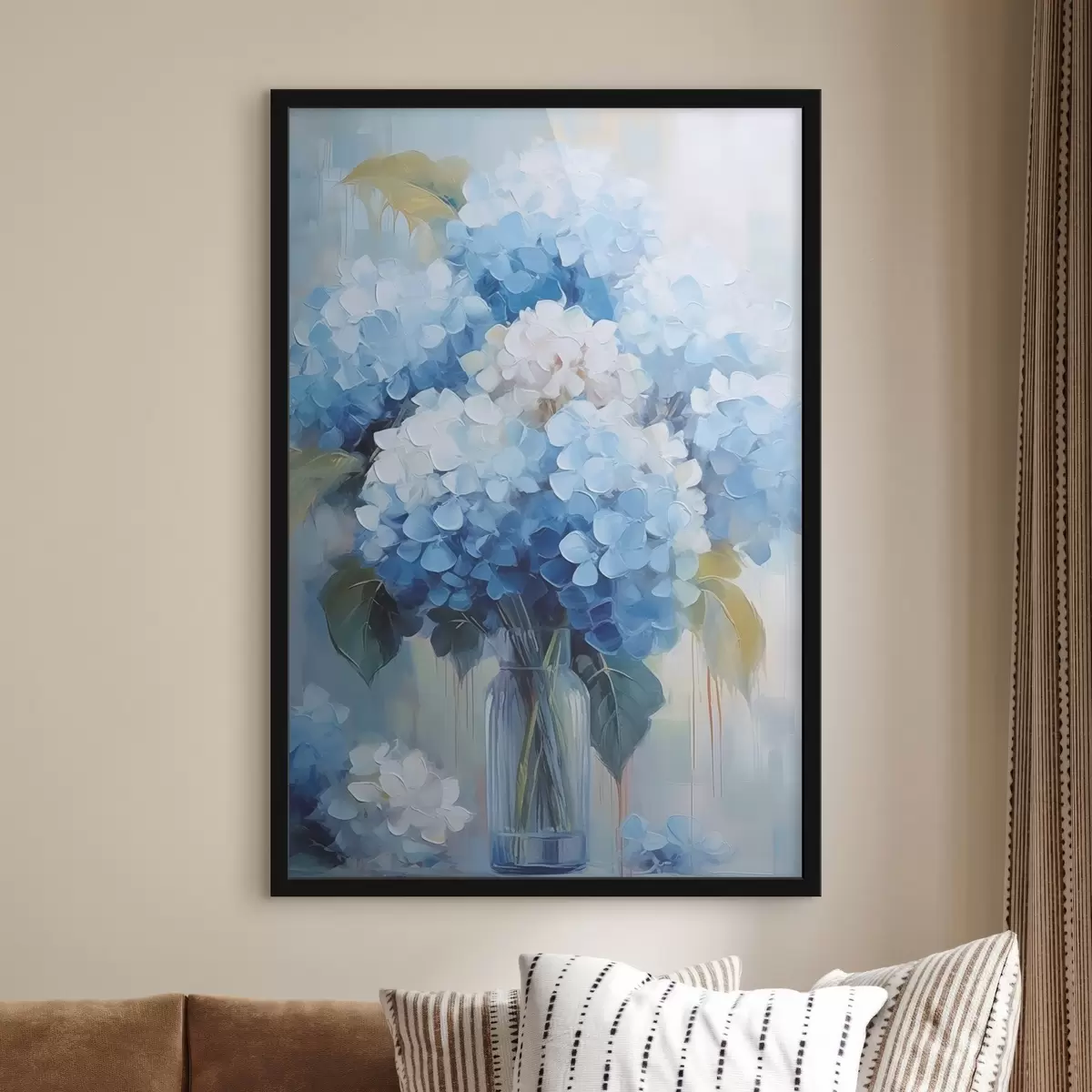 Poster Boeket van blauwe hortensia in een glazen vaas f44998