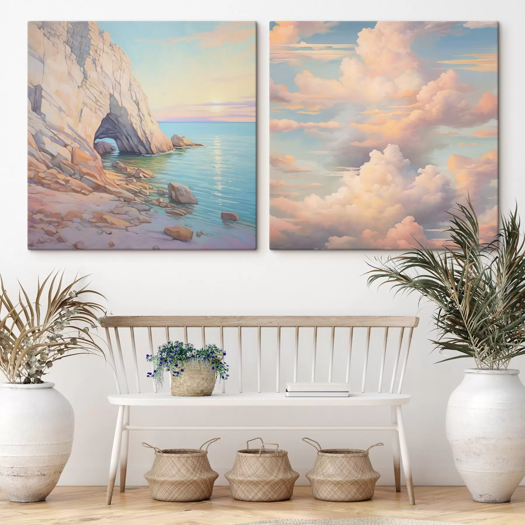  Peintures Vague sur un rivage rocheux et ciel avec nuages m00487