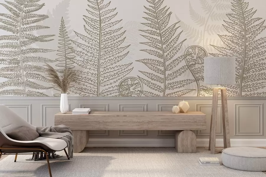 Fotobehang bladeren, planten, varen, licht, botanisch, grafisch w04239v2