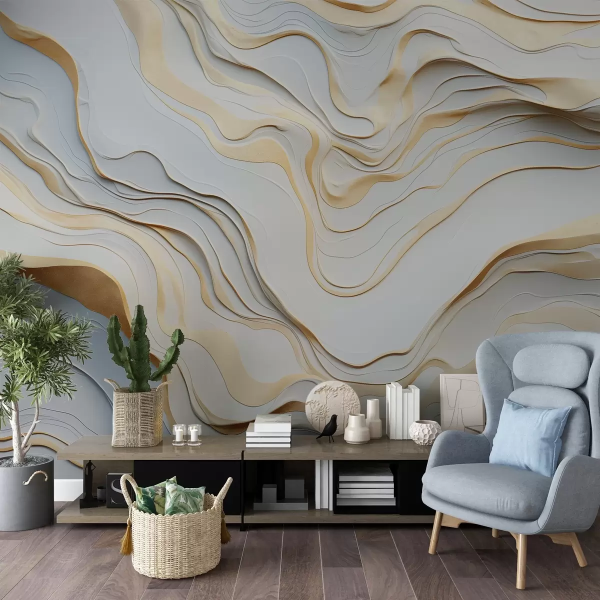 Papier peint photo couches, vagues, abstraction, beige, gris, douceur, moderne w04255