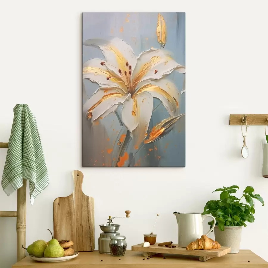  Schilderijen Witte lelie met gele strepen op blauwe achtergrond s45077