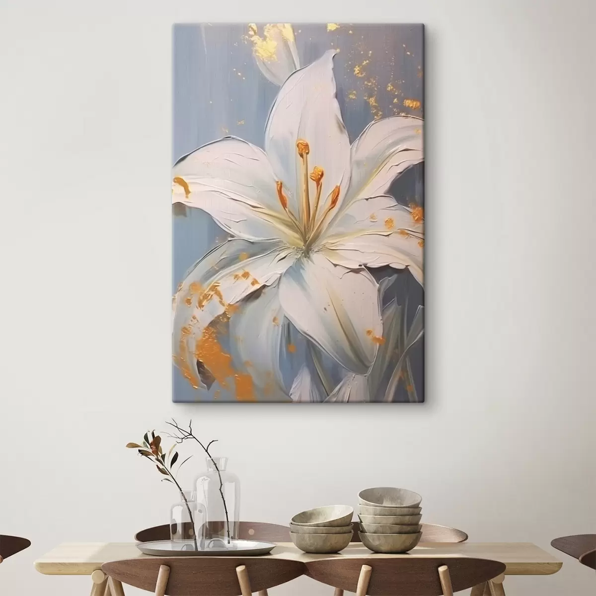  Schilderijen Witte lelie met gele accenten op blauwe achtergrond s45078