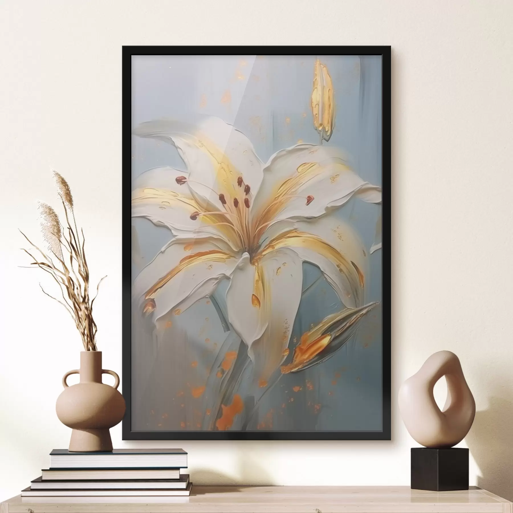 Fotobehang Witte lelie met gele strepen op blauwe achtergrond f45077