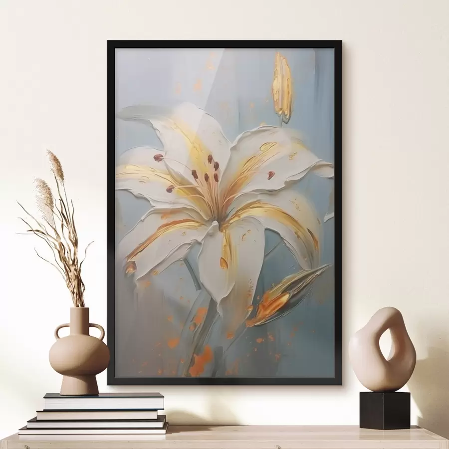 Papier peint photo Lys blanc avec des traits jaunes sur fond bleu f45077