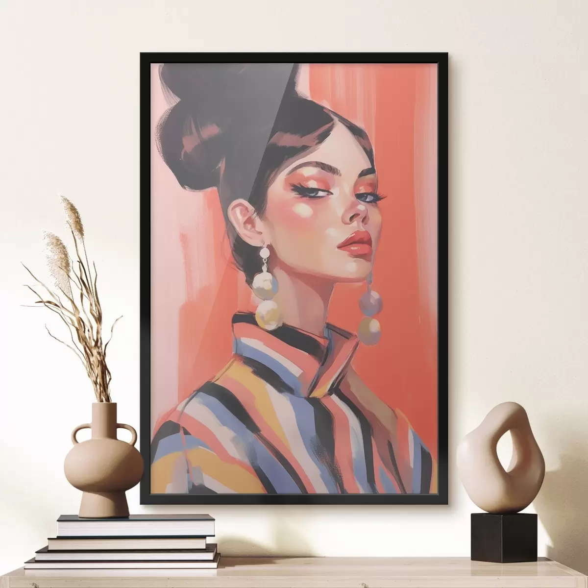 Poster Portret van vrouw in gestreept shirt f45079