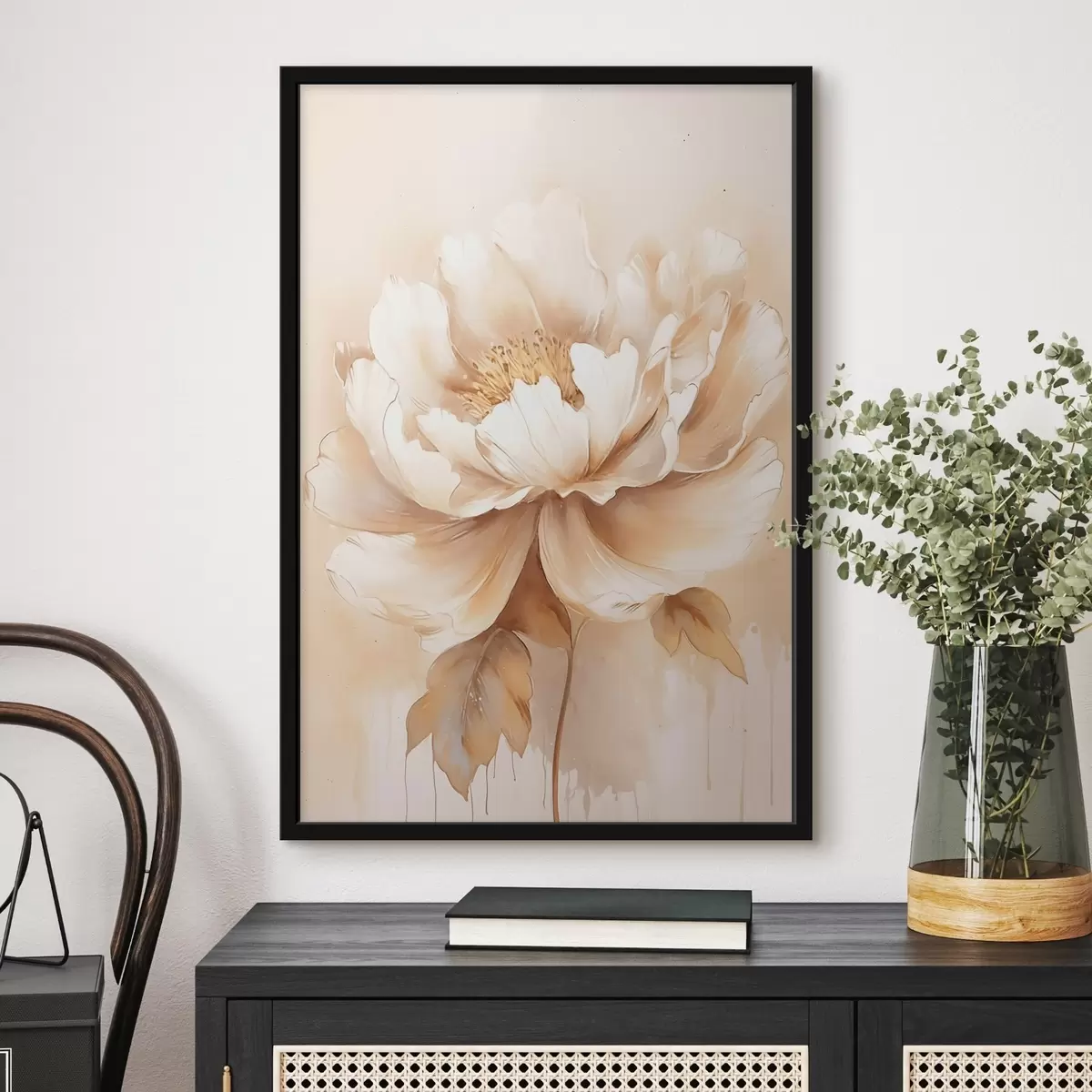 Poster Beige bloem met bladeren f45082