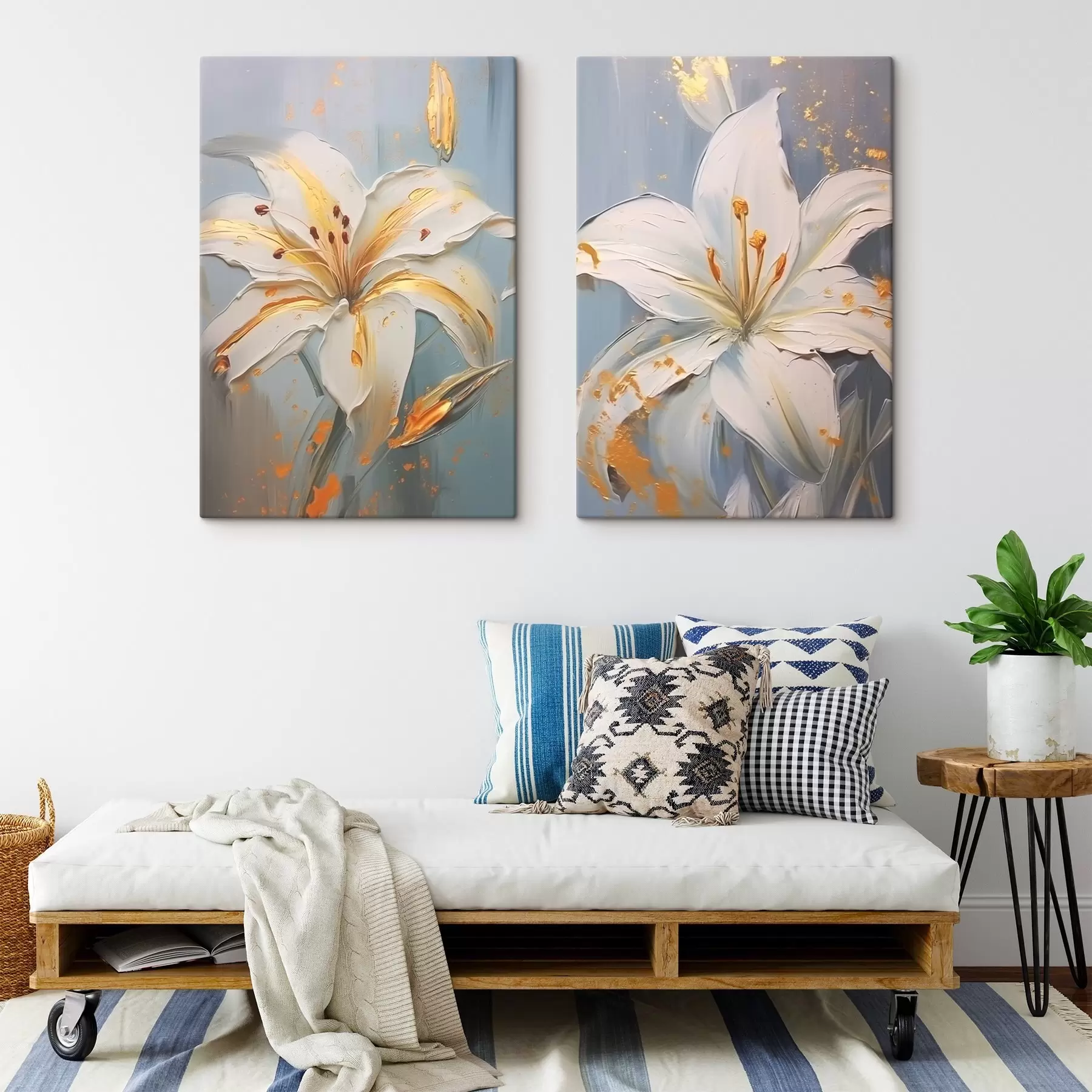  Peintures Lys blancs avec des traits jaunes sur fond bleu m00497