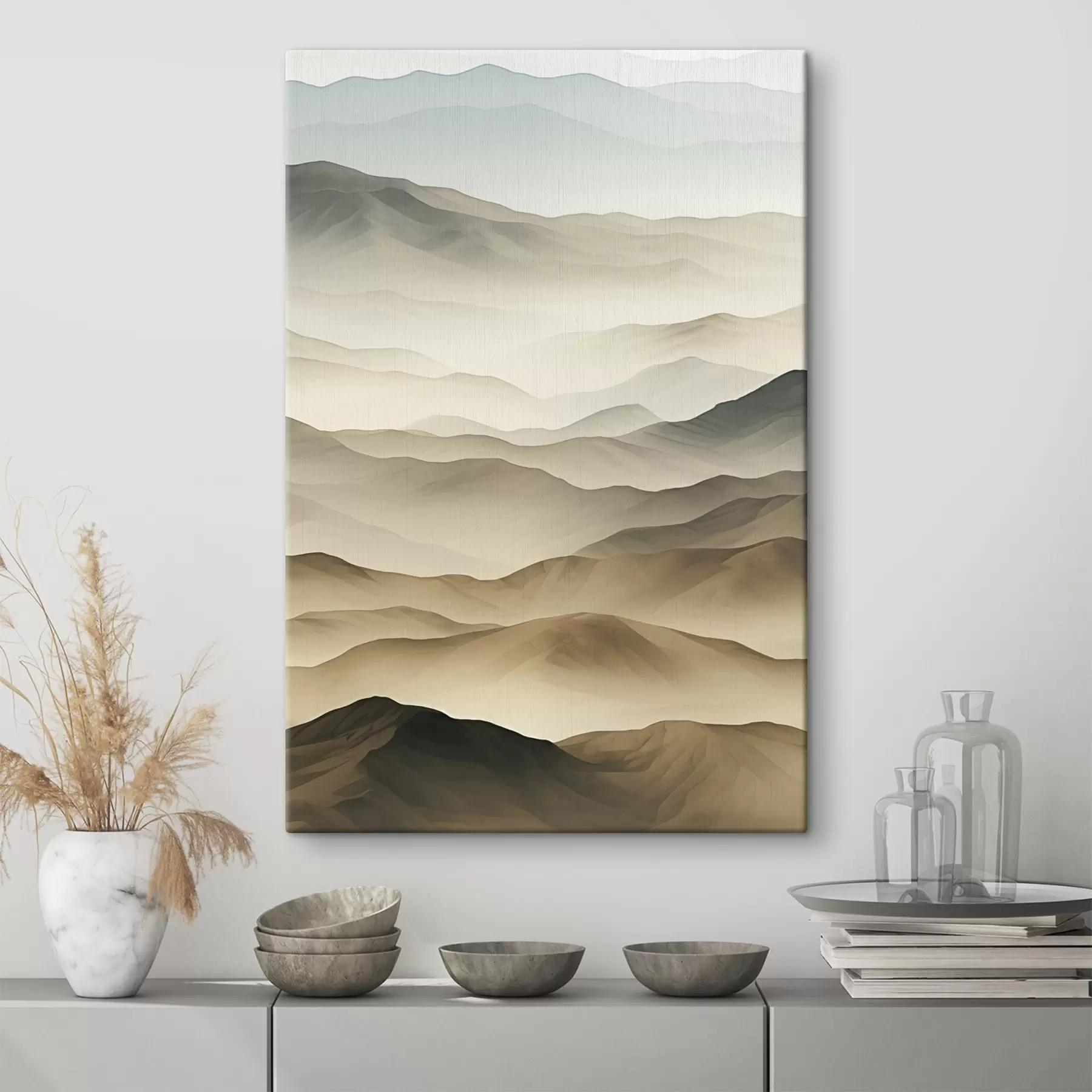 Papier peint photo collines, brouillard, tons neutres, lignes fluides, terre, bords doux, nature, profondeur s45096