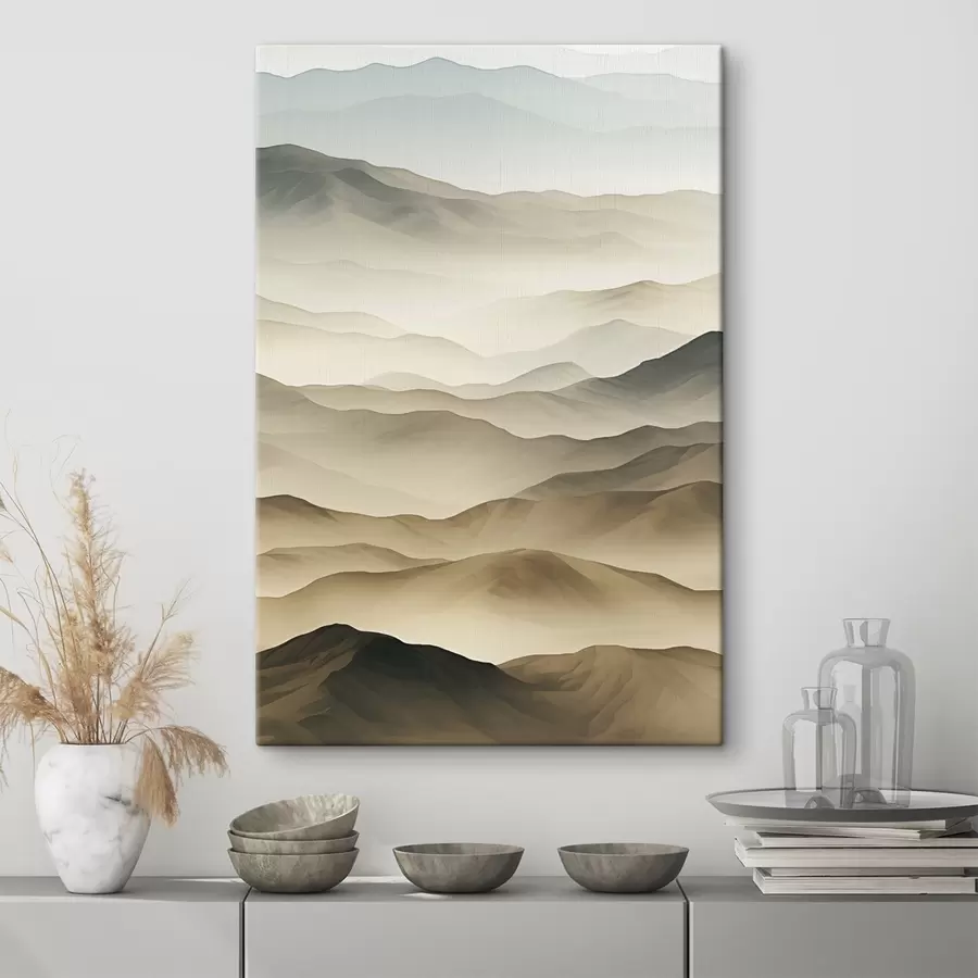  Schilderijen heuvels, mist, neutrale tinten, vloeiende lijnen, aarde, zachte randen, natuur, diepte s45096