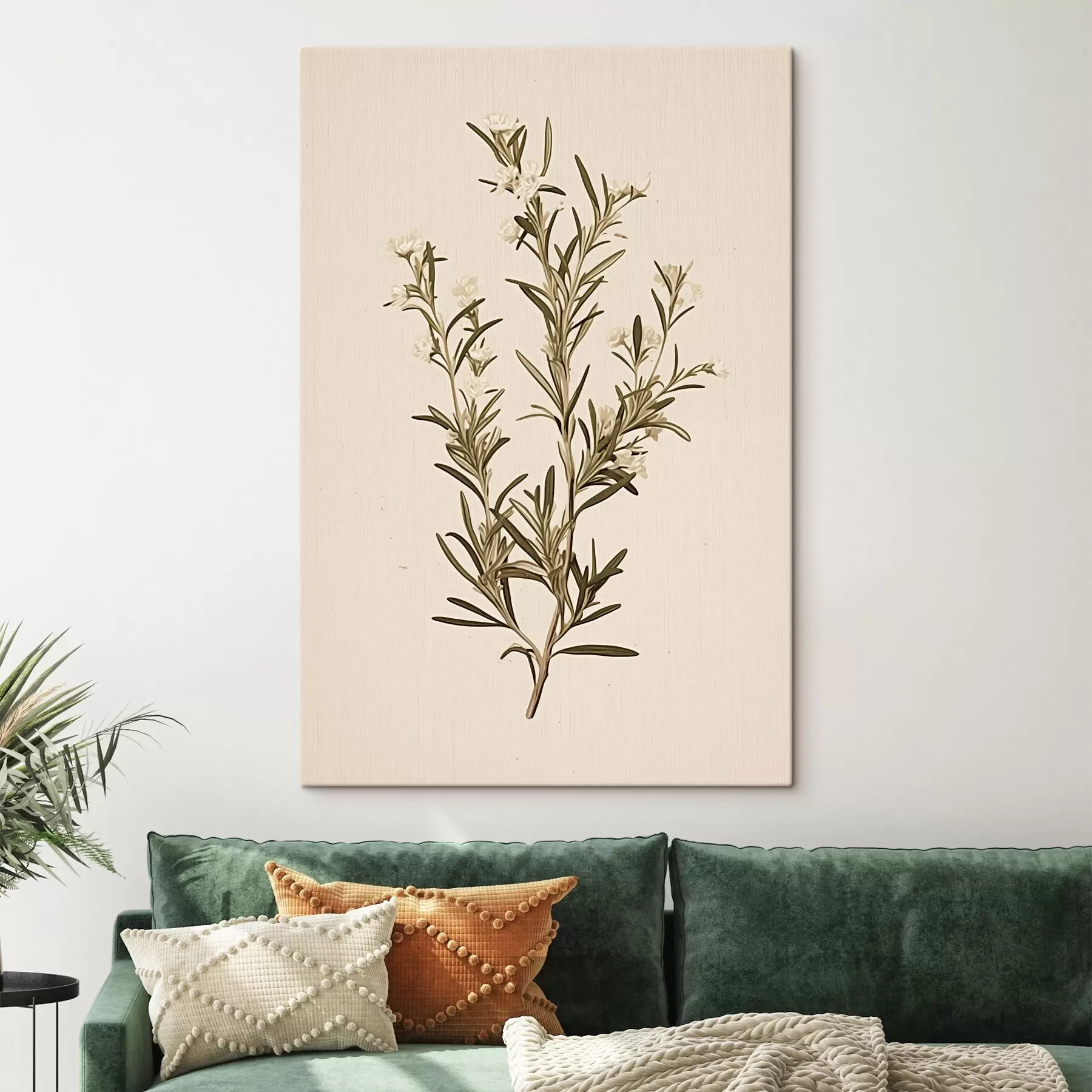  Schilderijen botanisch, tak, beige achtergrond, kruid, minimaal, plant, groene bladeren, stengel s45098