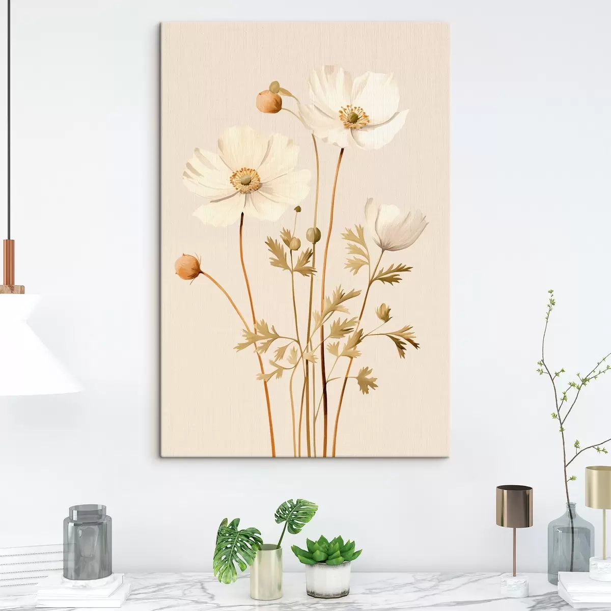  Peintures fleur, botanique, fond beige, tons doux, pétales, plante, vintage, minimal s45099