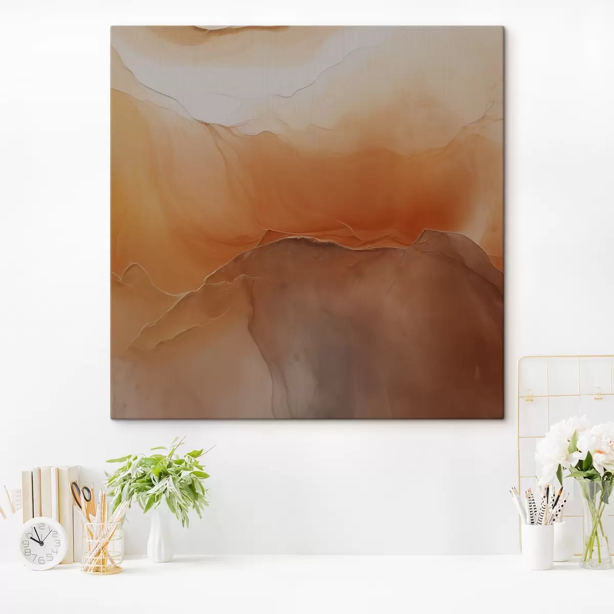  Peintures abstrait neutre, couleurs sable, courbes douces, texture visuelle, effet de flux s45108