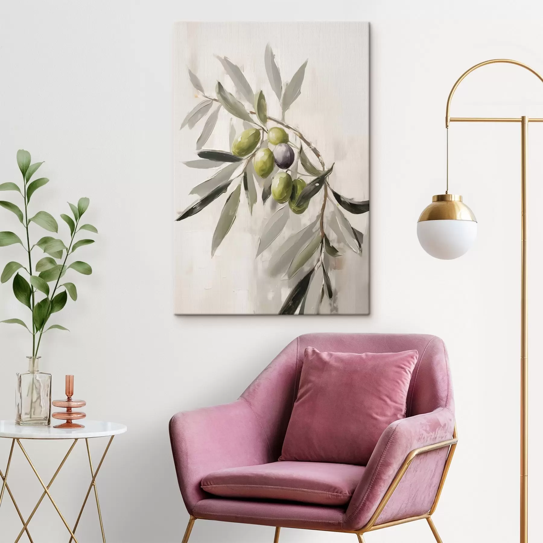  Schilderijen groene olijven, takdetail, lichte achtergrond, organisch, natuurlijk palet, rustiek s45110