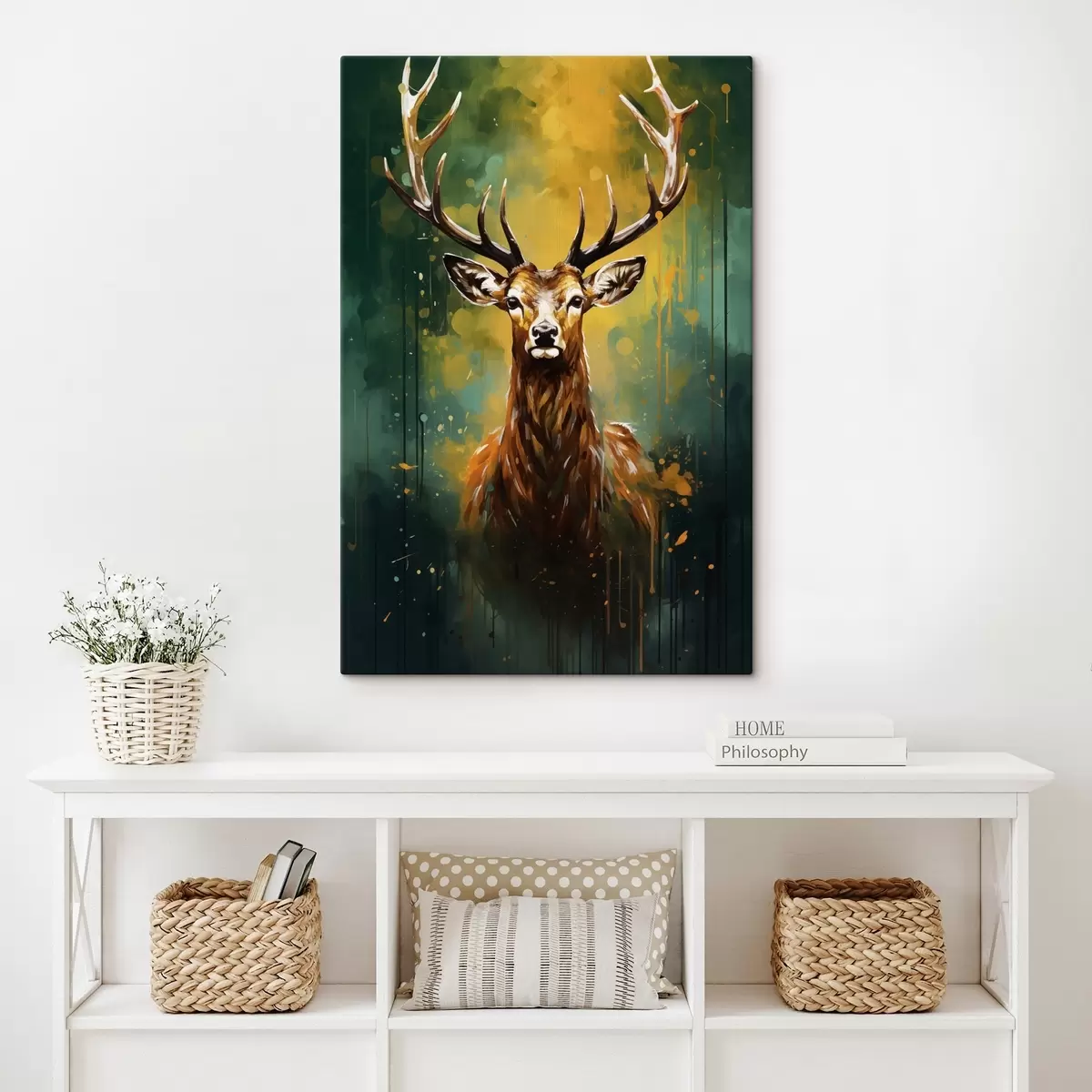  Schilderijen hert, gewei, bosgroen, oranje spetter, dierenportret, verfdruppel, vet, wilde dieren s45111