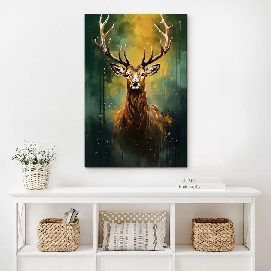  Peintures cerf, bois, vert forêt, éclaboussures d'orange, portrait d'animal, gouttes de peinture, audacieux, animaux sauvages s45111