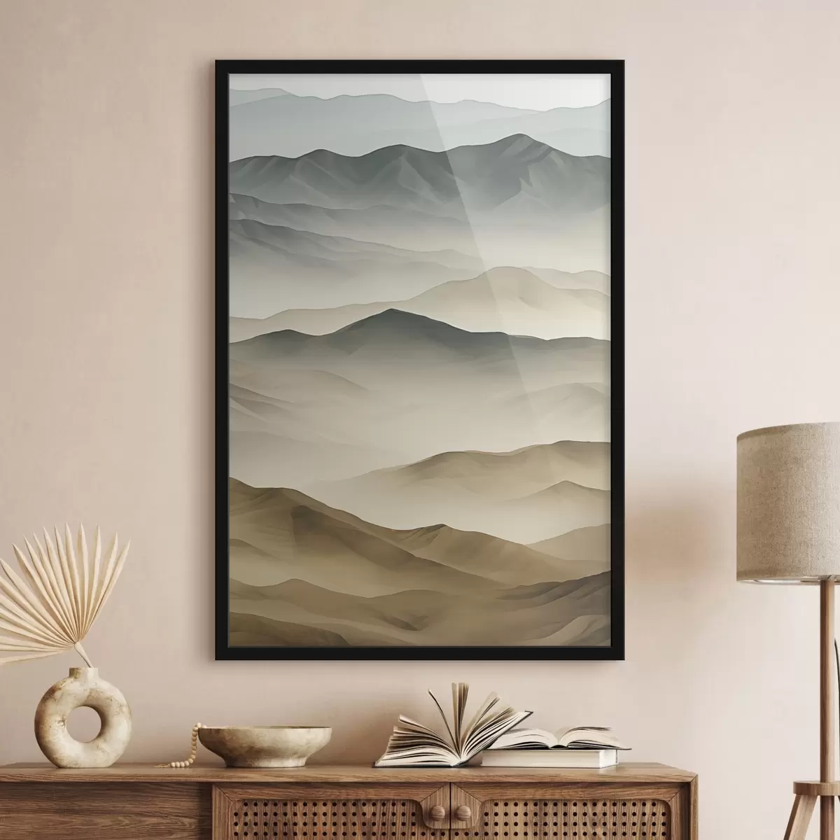 Affiche montagnes, couches, brume, dégradé doux, naturel, beige, abstrait, paysage f45095