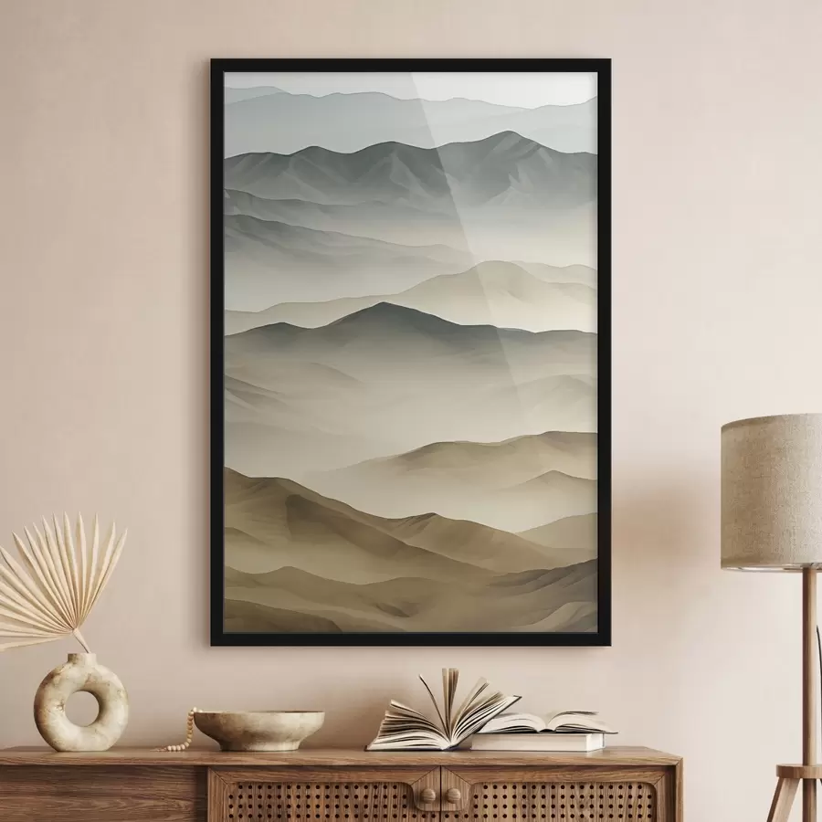 Fotobehang bergen, lagen, mist, zacht verloop, natuurlijk, beige, abstract, landschap f45095