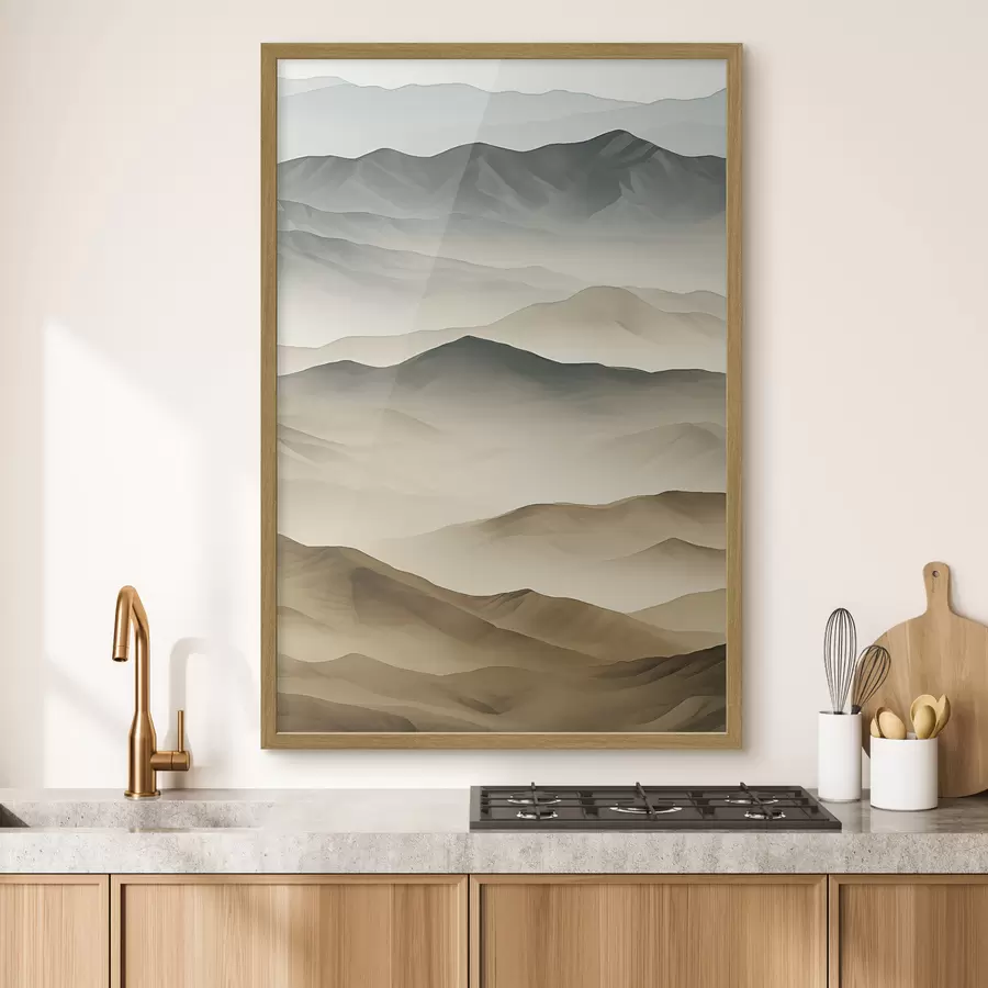 Papier peint photo montagnes, couches, brume, dégradé doux, naturel, beige, abstrait, paysage f45095