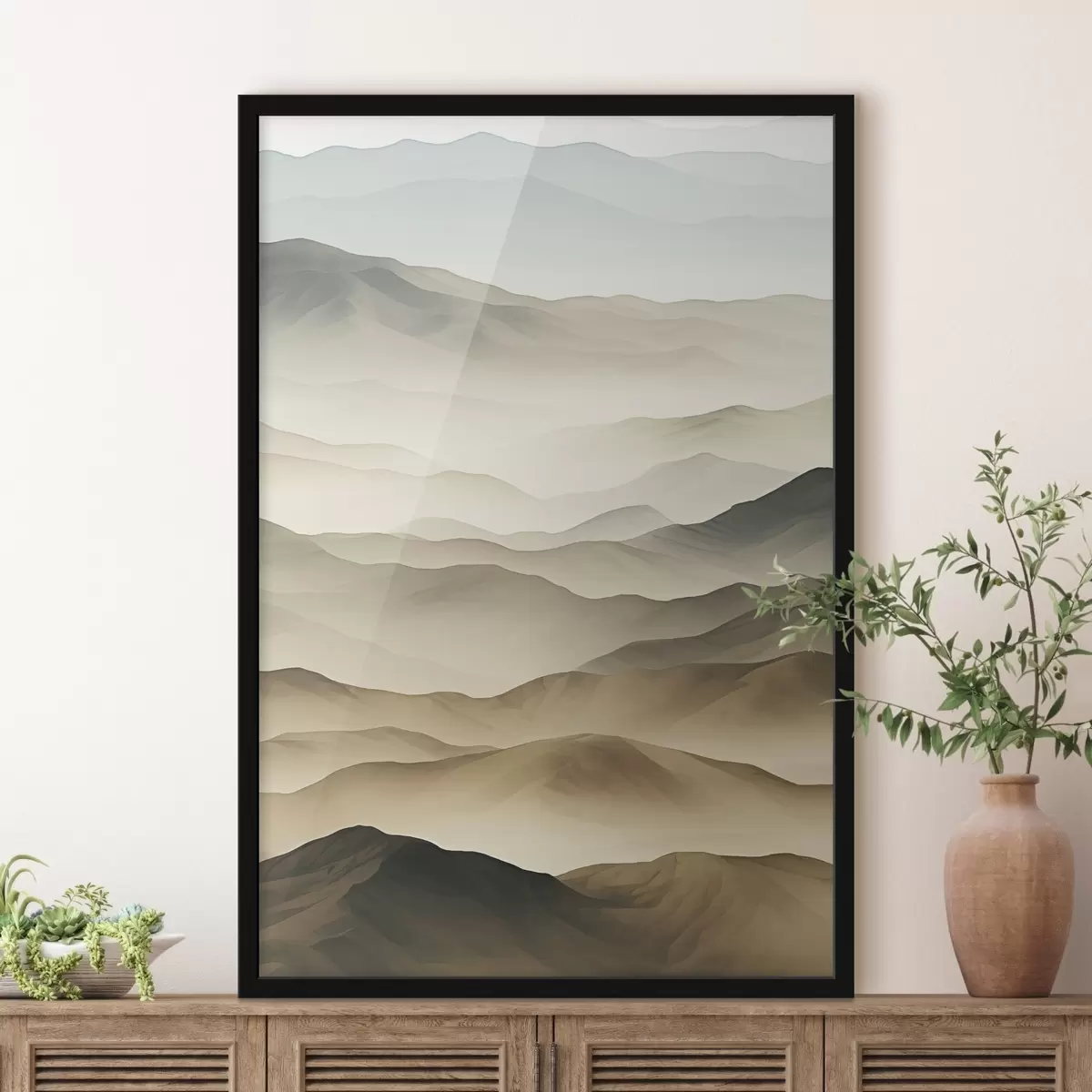 Affiche collines, brouillard, tons neutres, lignes fluides, terre, bords doux, nature, profondeur f45096