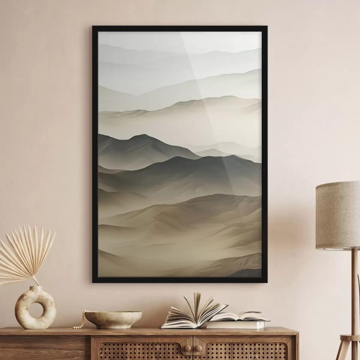 Affiche collines désertiques, formes lisses, estompé, texture organique, calme, minimal, terrain f45097