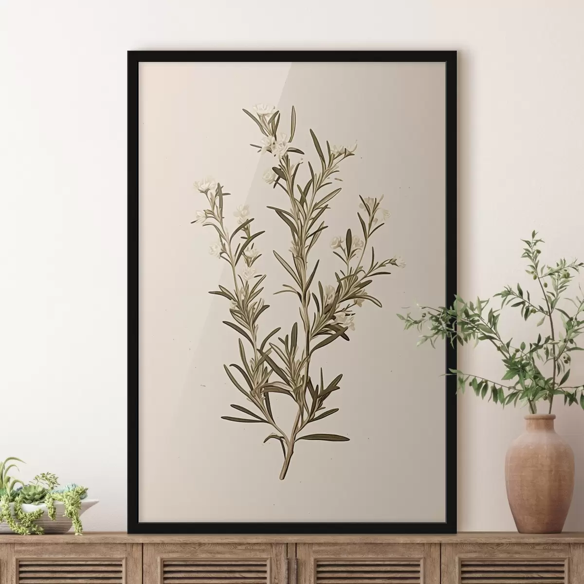 Poster botanisch, tak, beige achtergrond, kruid, minimaal, plant, groene bladeren, stengel f45098