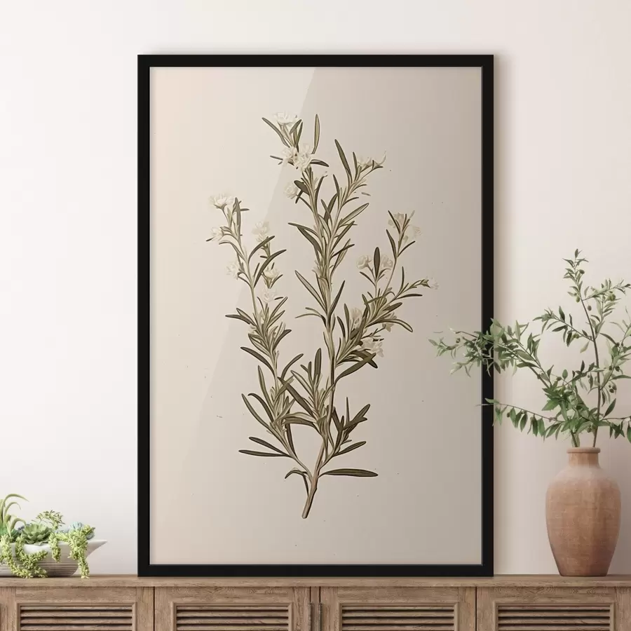Fotobehang botanisch, tak, beige achtergrond, kruid, minimaal, plant, groene bladeren, stengel f45098