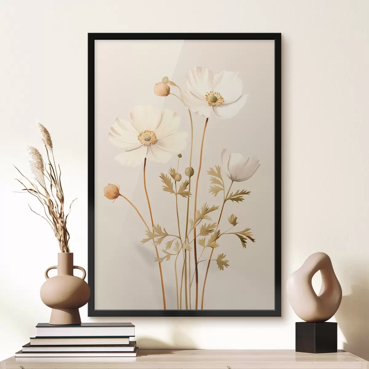 Affiche fleur, botanique, fond beige, tons doux, pétales, plante, vintage, minimal f45099