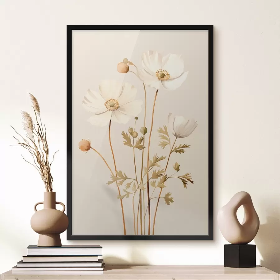 Papier peint photo fleur, botanique, fond beige, tons doux, pétales, plante, vintage, minimal f45099
