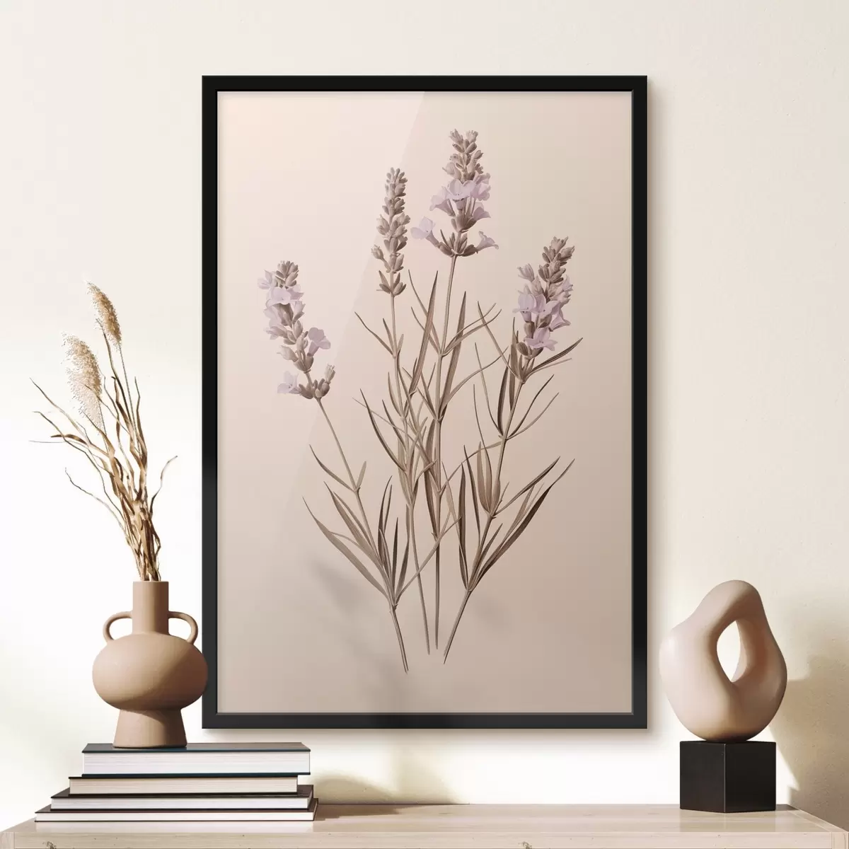 Affiche lavande, botanique, fond beige, violet doux, feuilles, floral, naturel, tige f45100