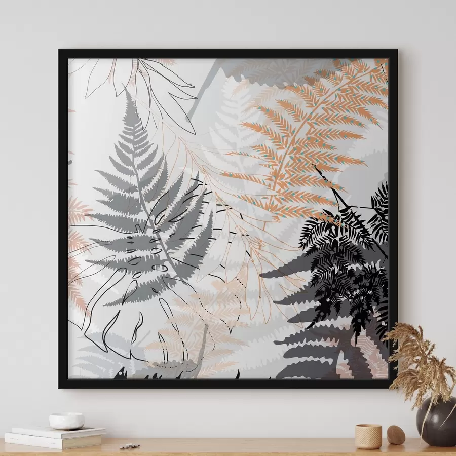 Papier peint photo fougère, feuilles abstraites, motif, design plat, contraste, tons gris, botanique, superposition f45101