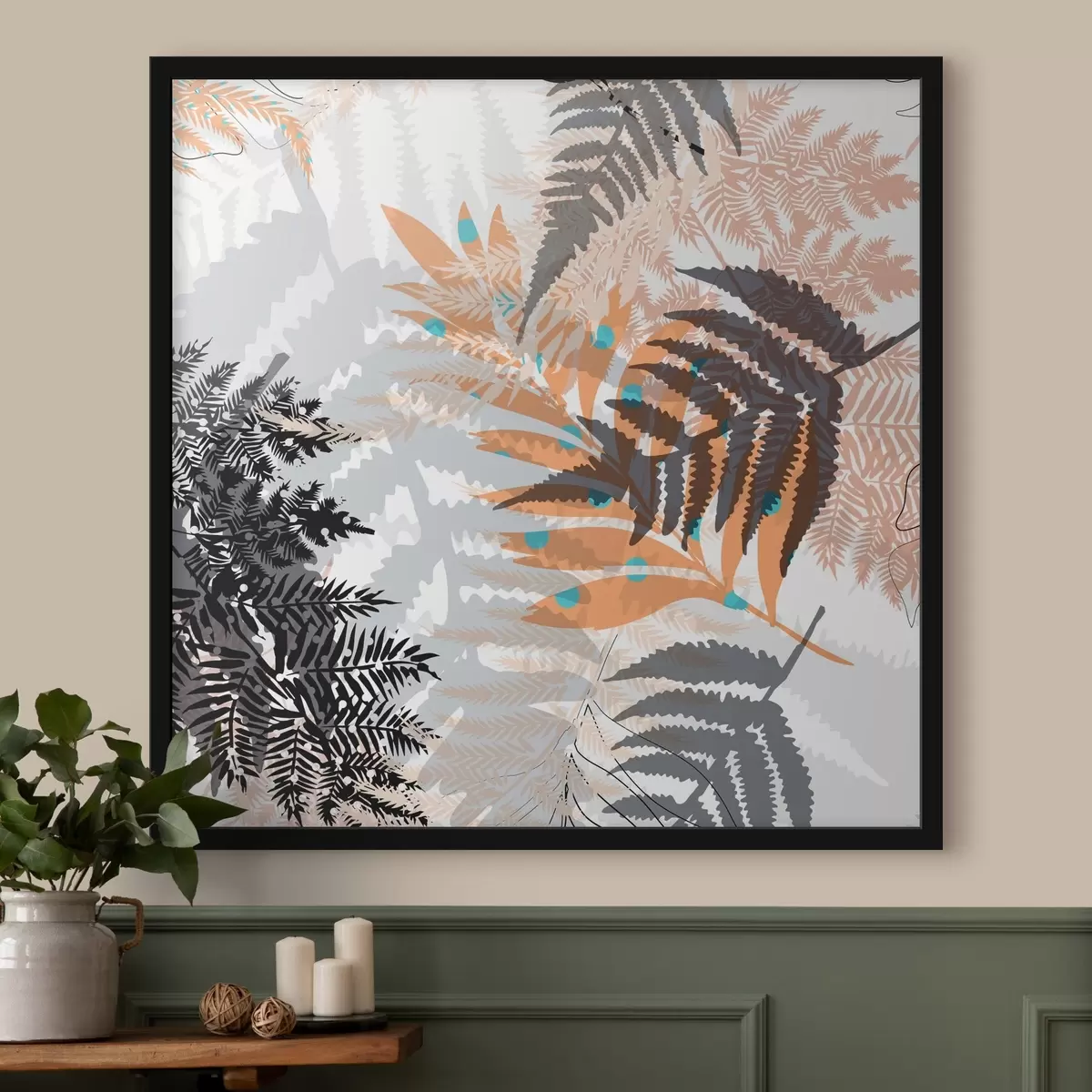 Poster jungle gebladerte, moderne stijl, lijntekeningen, gelaagde planten, gedempte kleuren, natuur f45102