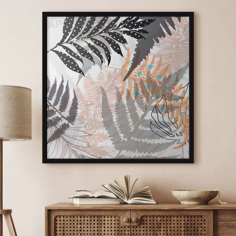 Papier peint photo feuilles tropicales, graphique, texture, beige et noir, silhouette, contemporain, plante f45103