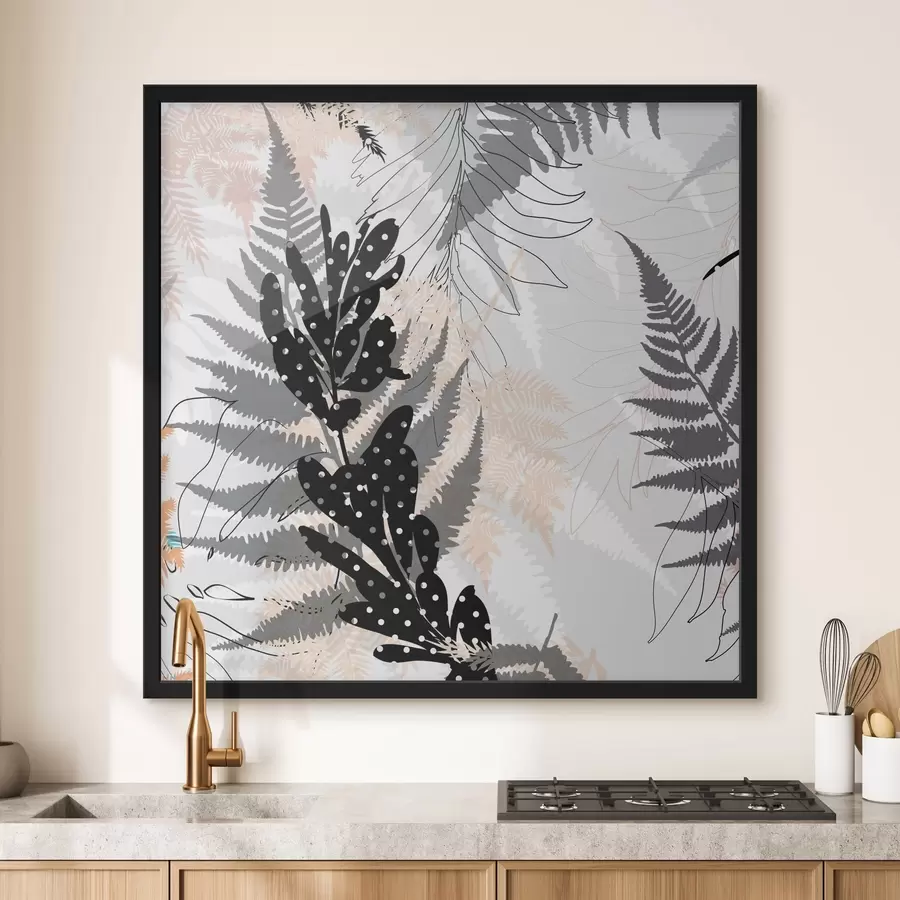 Papier peint photo imprimé nature, feuillage décoratif, mélange jungle, formes de fougères, palette neutre, art de la feuille f45104