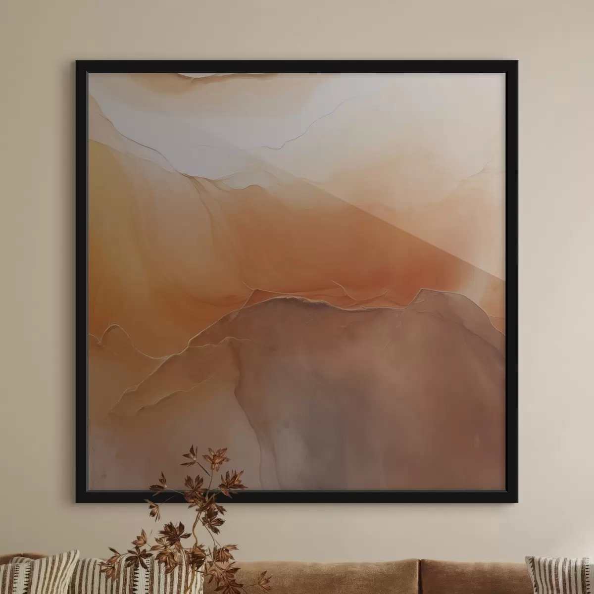 Affiche abstrait neutre, couleurs sable, courbes douces, texture visuelle, effet de flux f45108