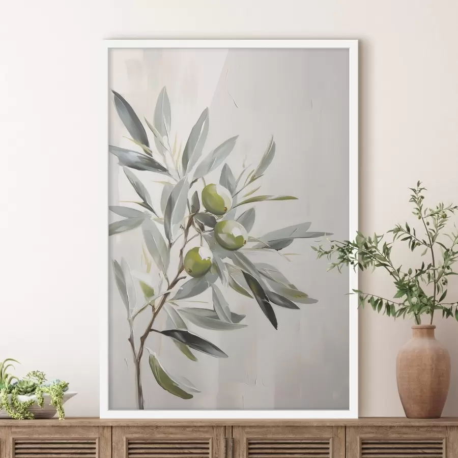 Papier peint photo branche d'olivier, fruit vert, tons sourds, feuilles, minimal, naturel, peinture à l'huile, botanique f45109