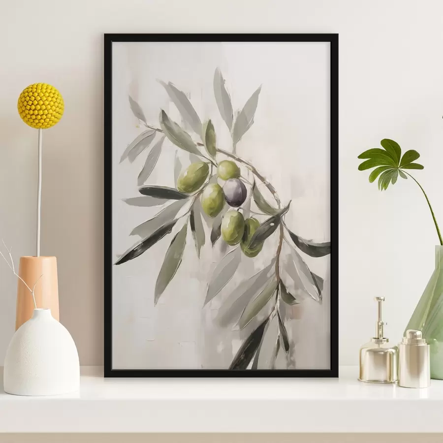 Fotobehang groene olijven, takdetail, lichte achtergrond, organisch, natuurlijk palet, rustiek f45110