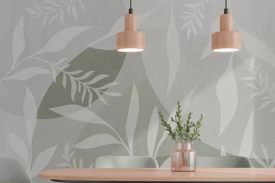 Papier peint photo Silhouettes de brindilles sur fond de cercles abstraits, nuances de vert w04270v2