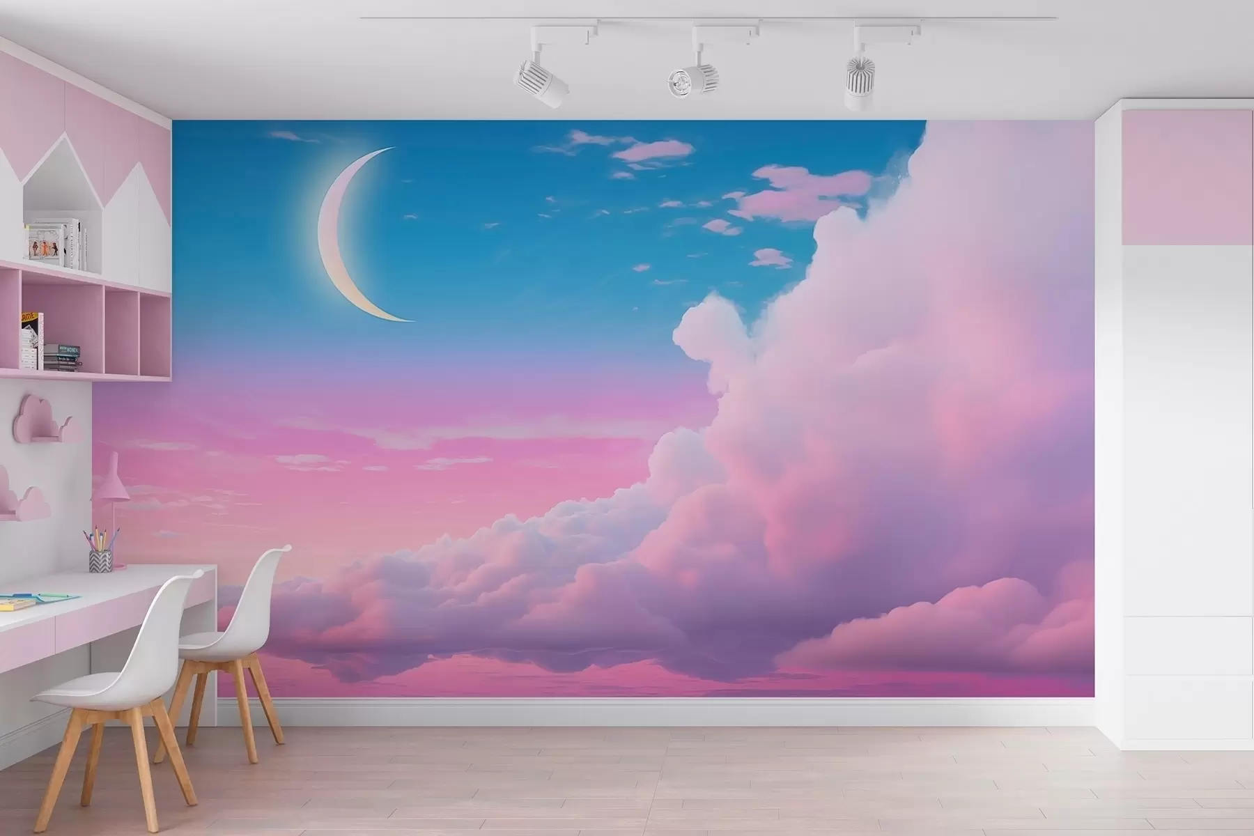 Fotobehang Magische zonsondergang met wolken en maansikkel in roze en blauwe tinten w09240