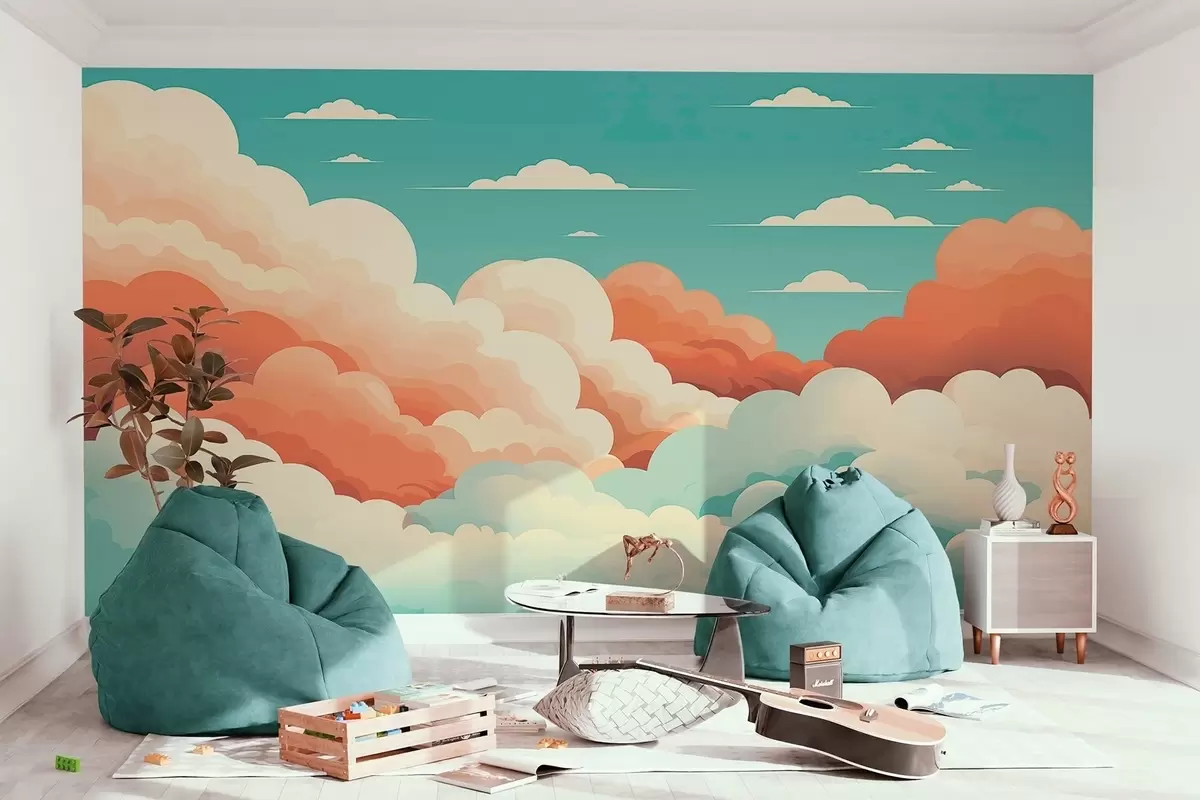 Papier peint photo Nuages fantaisistes de style bande dessinée sous un ciel bleu w09246