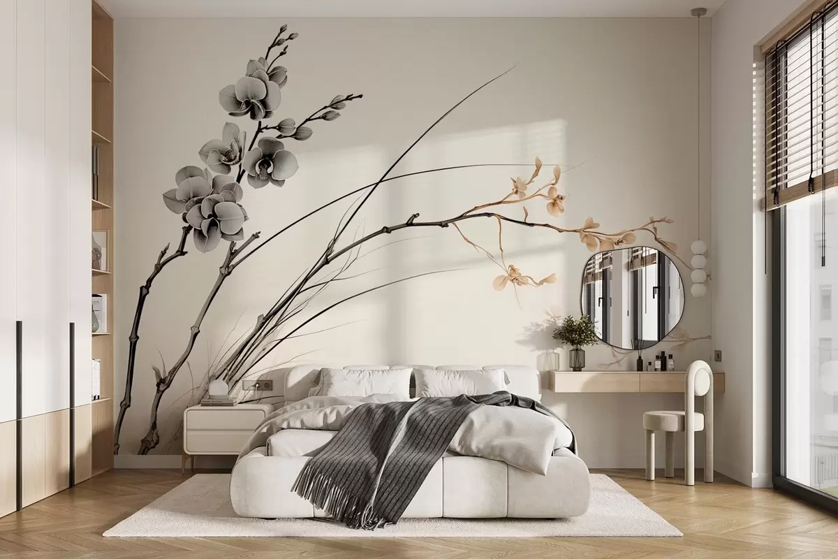 Fotobehang Minimalistische orchideeëntak in zachte sepia- en grijstinten w09250