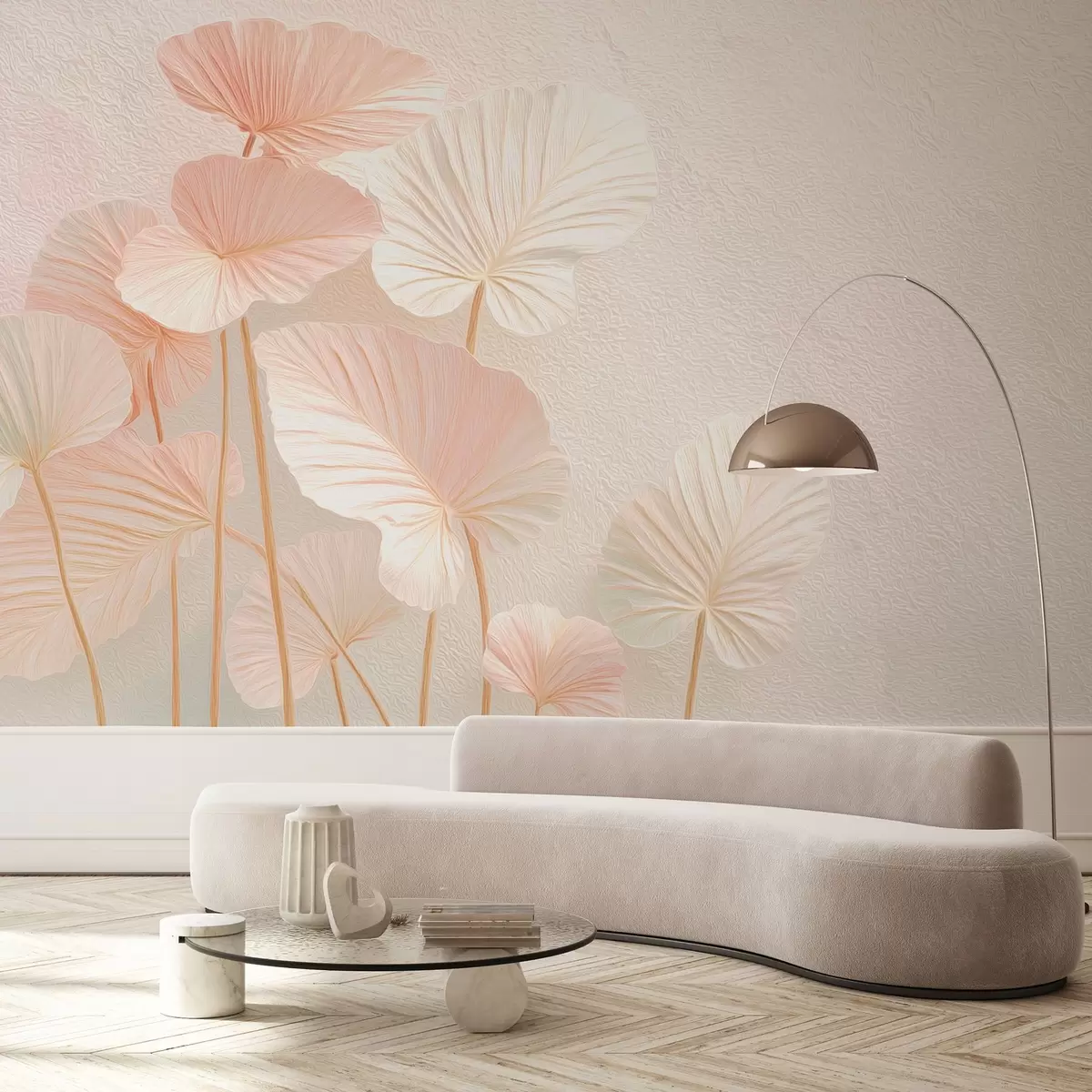 Fotobehang Elegante grote tropische bladeren in delicate roze kleur w09252v1