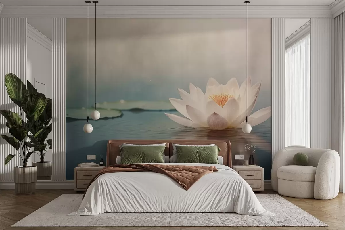 Fotobehang Witte lotusbloem op het water w04272