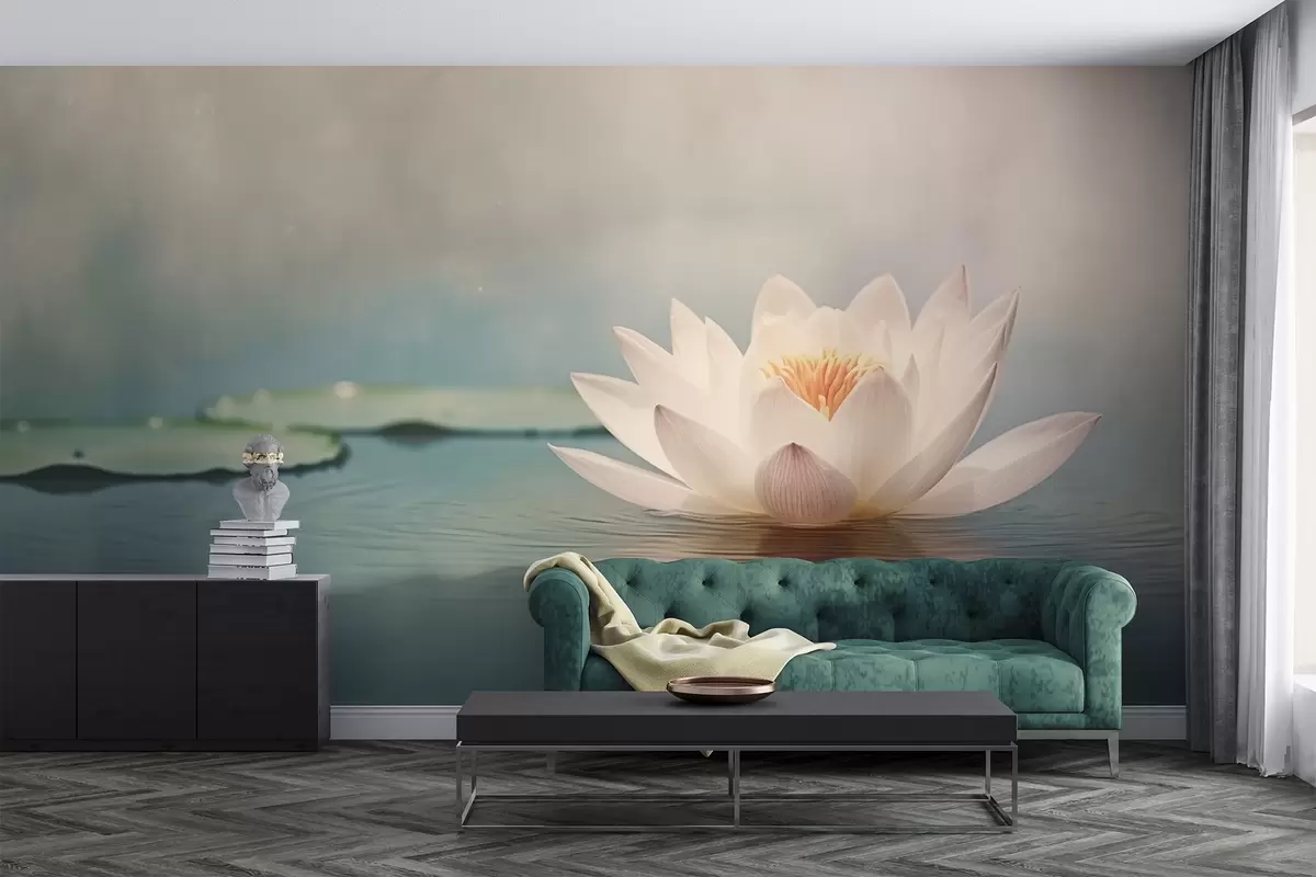 Fotobehang Witte lotusbloem op het water w04272