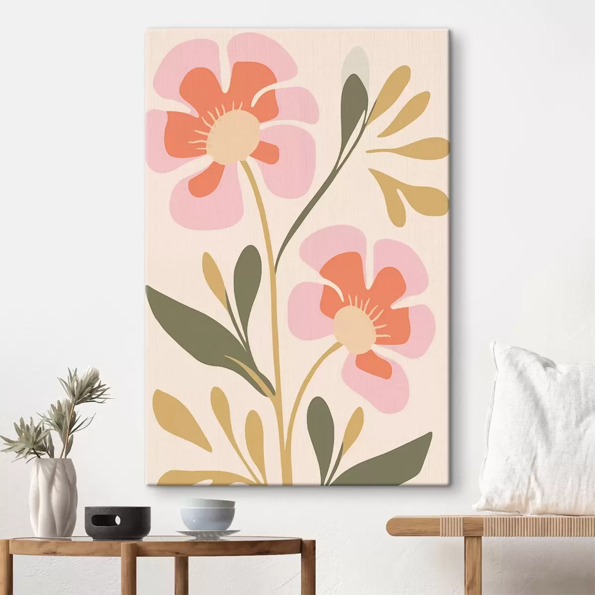  Peintures Fleurs stylisées roses et orange avec des feuilles vertes s45140