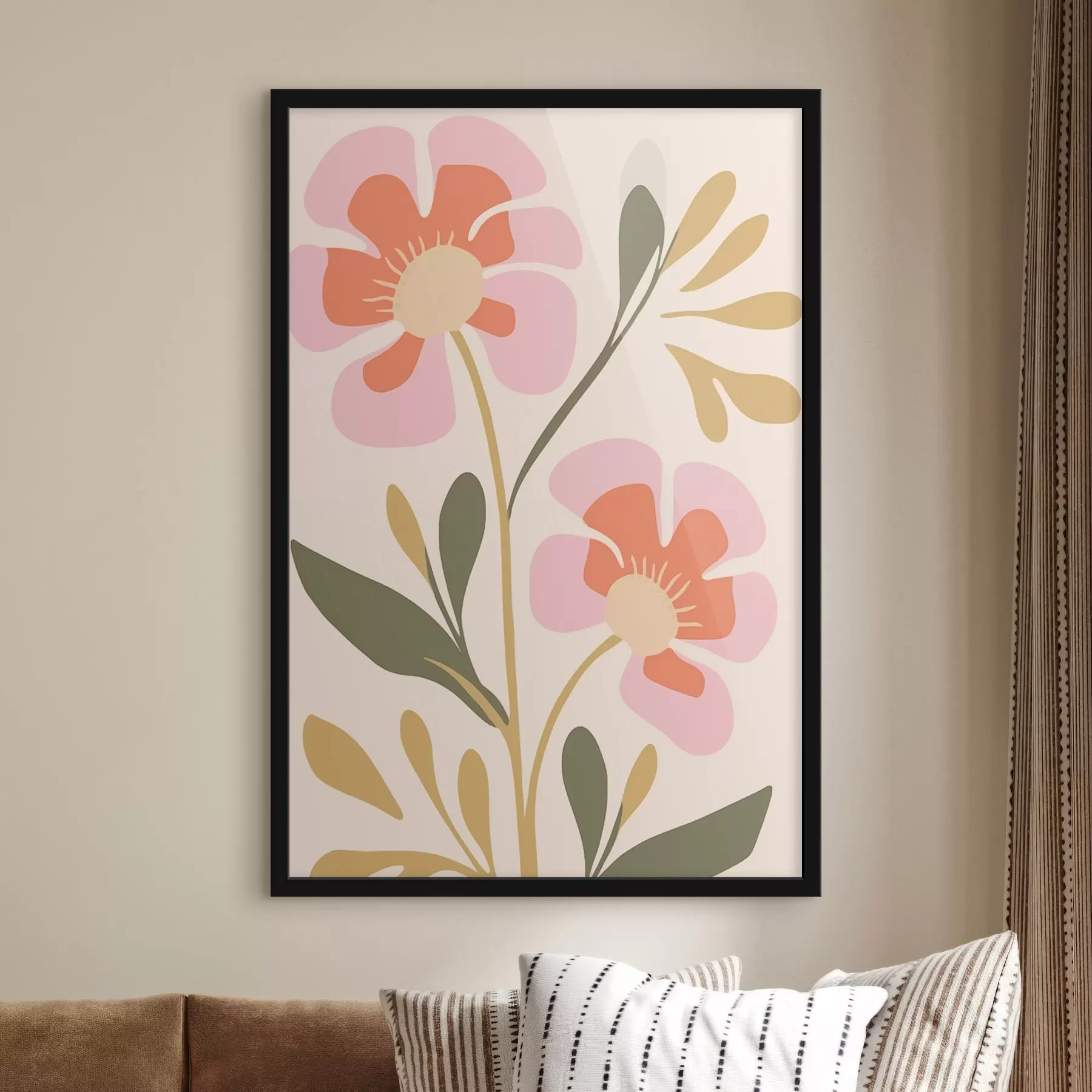  Peintures Fleurs stylisées roses et orange avec des feuilles vertes f45140