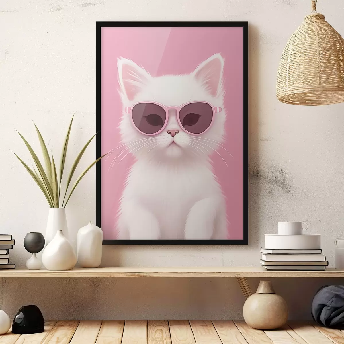 Poster Witte kat met roze bril f45145